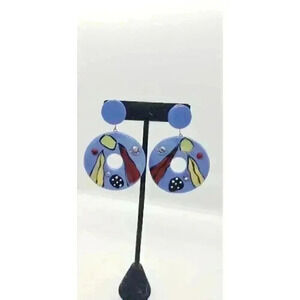 Vintage Disco Earrings 1970 1980 Big Hoops Ceramic Handmade Rhinestone Blue Mod